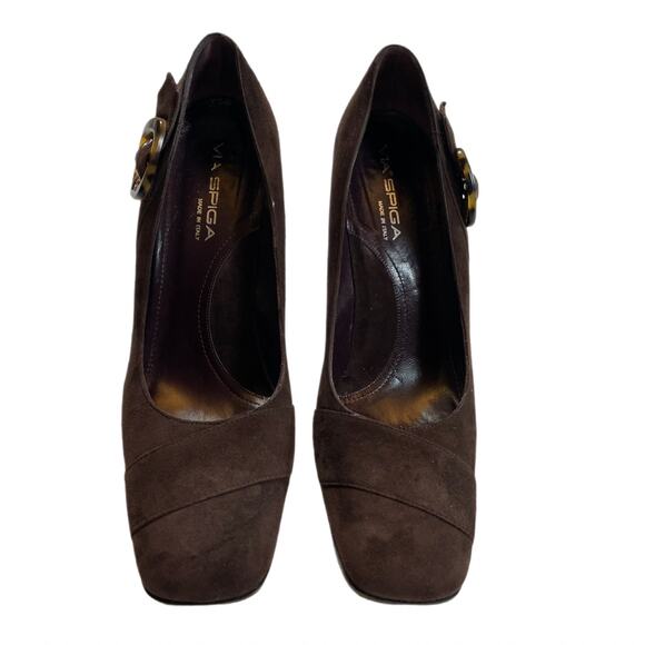 Via Spiga Vintage Italy Chocolate Brown Suede Tortoise Shell Buckle Pumps Sz 10 - Picture 2 of 9